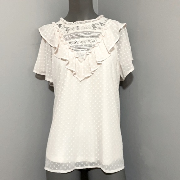 NWOT KENSIE SHORT SKEEVE “Swiss Dot” IVORY CHIFFON LACE RUFFLE BLOUSE Sz M - Picture 5 of 9